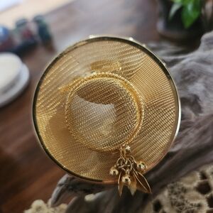 Vintage Gold Tone Sun Hat Brooch 2.5" Pin Mesh Leaves Floral
